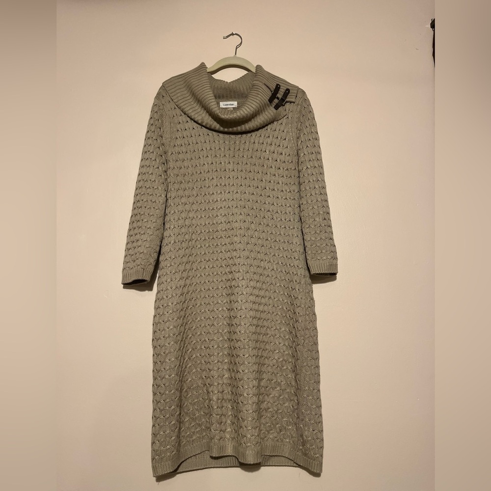Elegant Tan Cowl Neck Sweater Dress with brown leather buckle embellishment